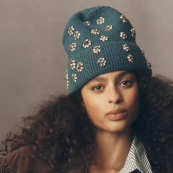 Anthropologie Embellished Cristal Knit Beanie Teal - Picture 4 of 7